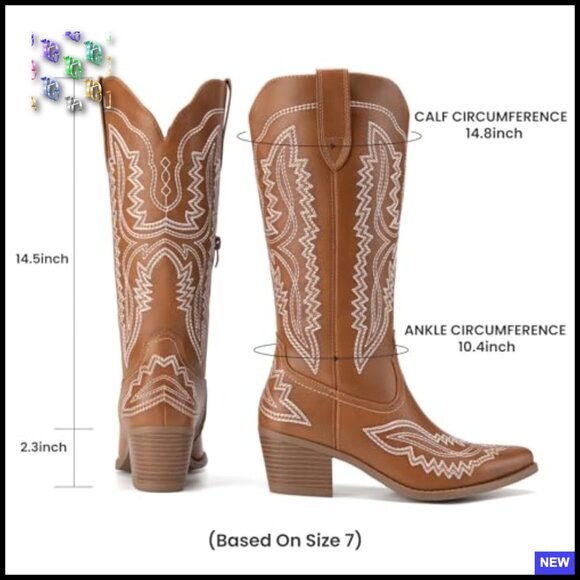 Western Cowboy Boots Square Toe Embroidery Mid Calf Retro Chic Heeled - Picture 4 of 7